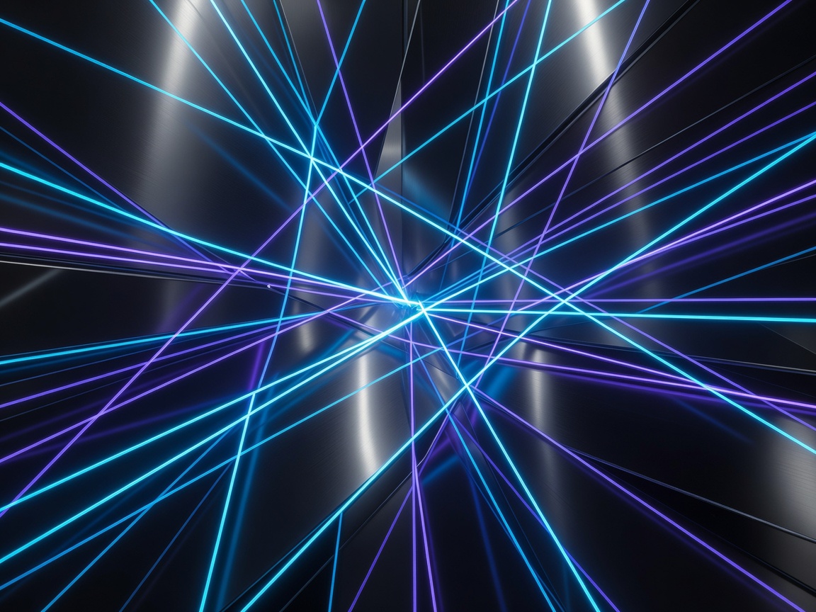 An abstract high-tech vector pattern glowing with cyan and purple laser lines across dark polished metal surfaces