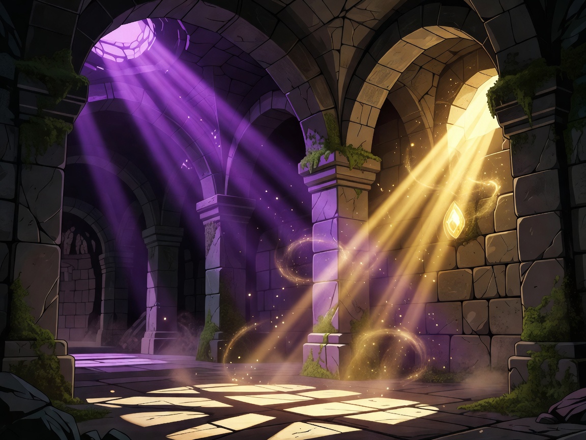 Cartoon styled dungeon stone architecture background casting purple and golden magical rays of light
