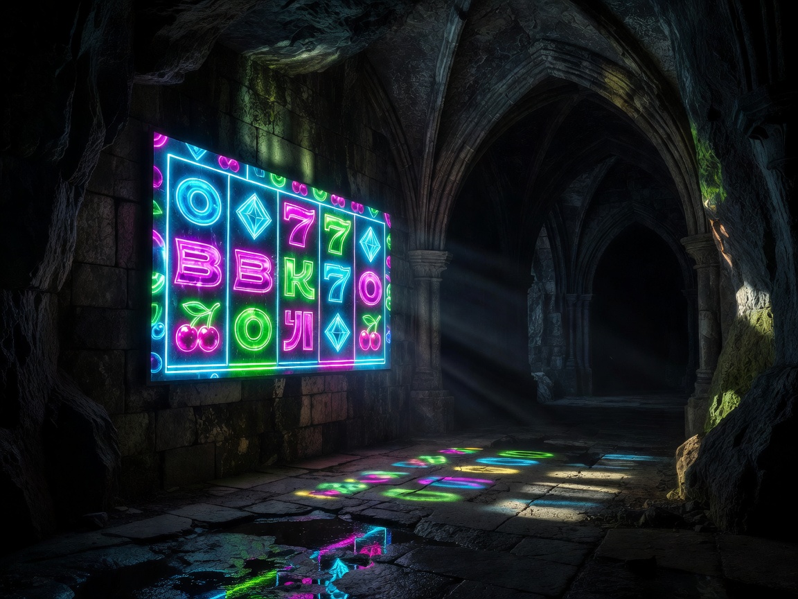 Glow of a high resolution graphic screen portraying stylized neon slot machine patterns inside a dark gothic stone cavern