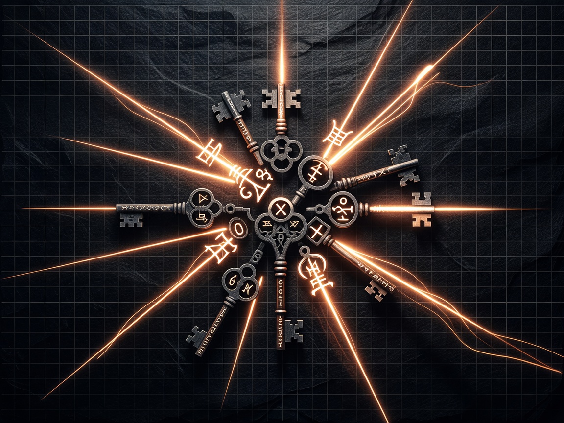 Illustrated neon mystical key relic symbols radiating magical orange light vectors on a black slate grid background