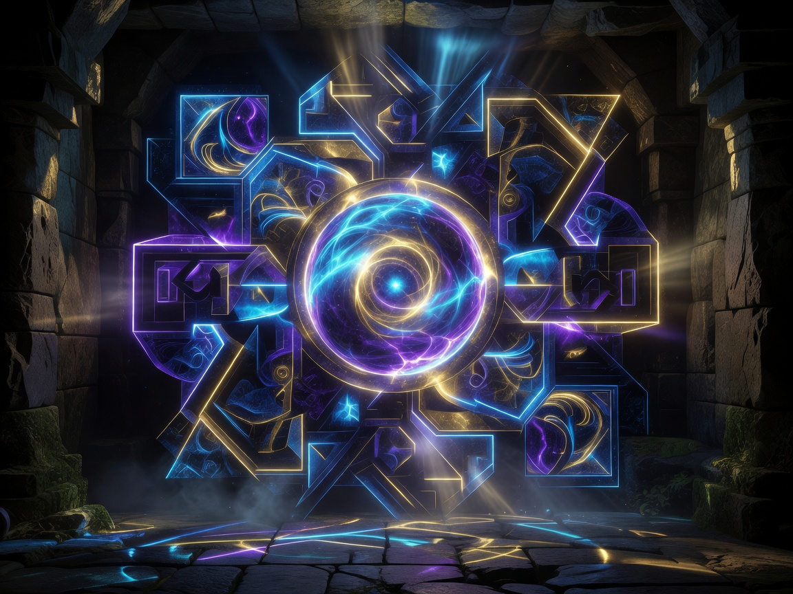 Magical abstract gaming design neon pattern representing the glowing core of the dungeon slot vault