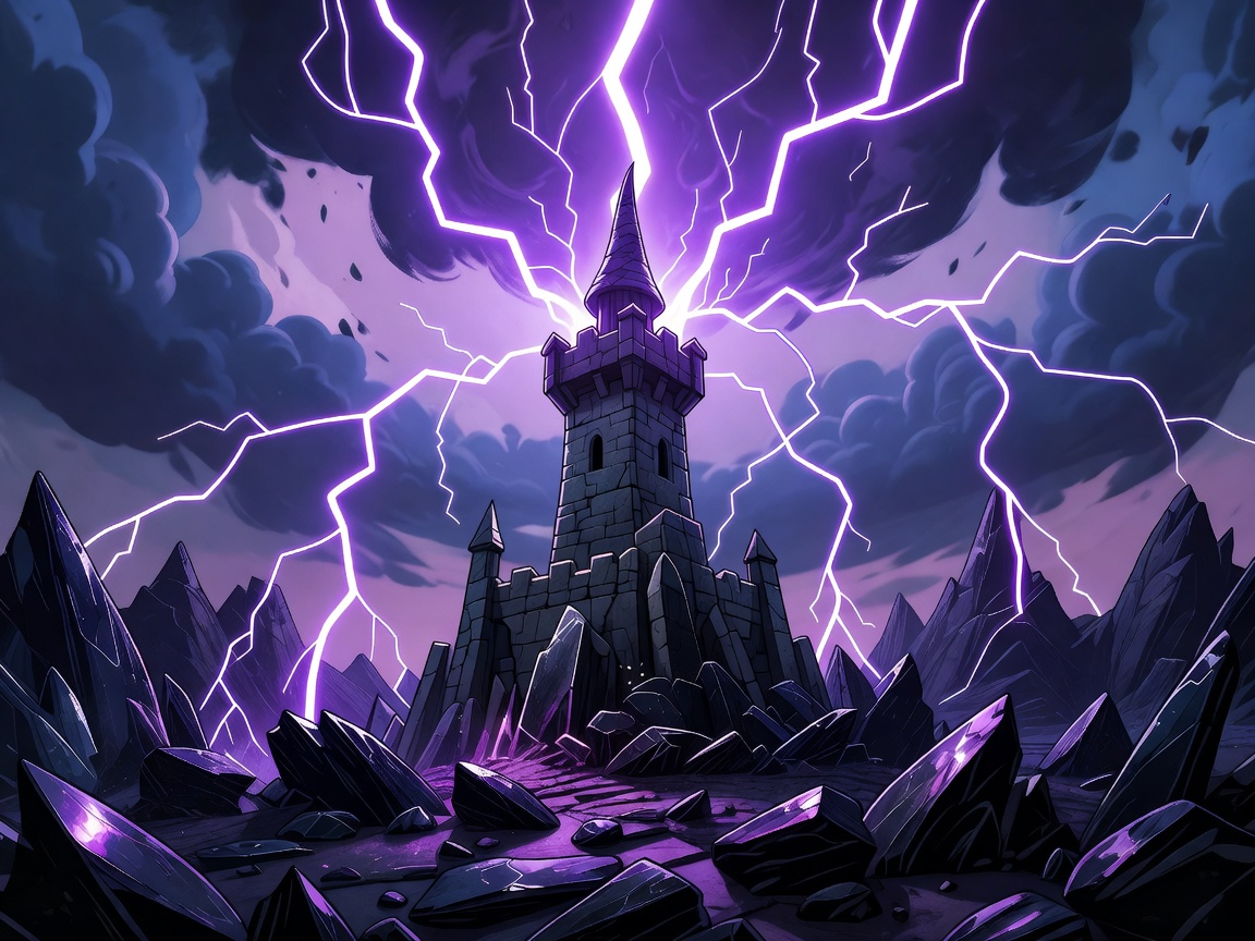 Stylized medieval fantasy cartoon wizard tower casting radiant violet lightning across rocky obsidian terrain